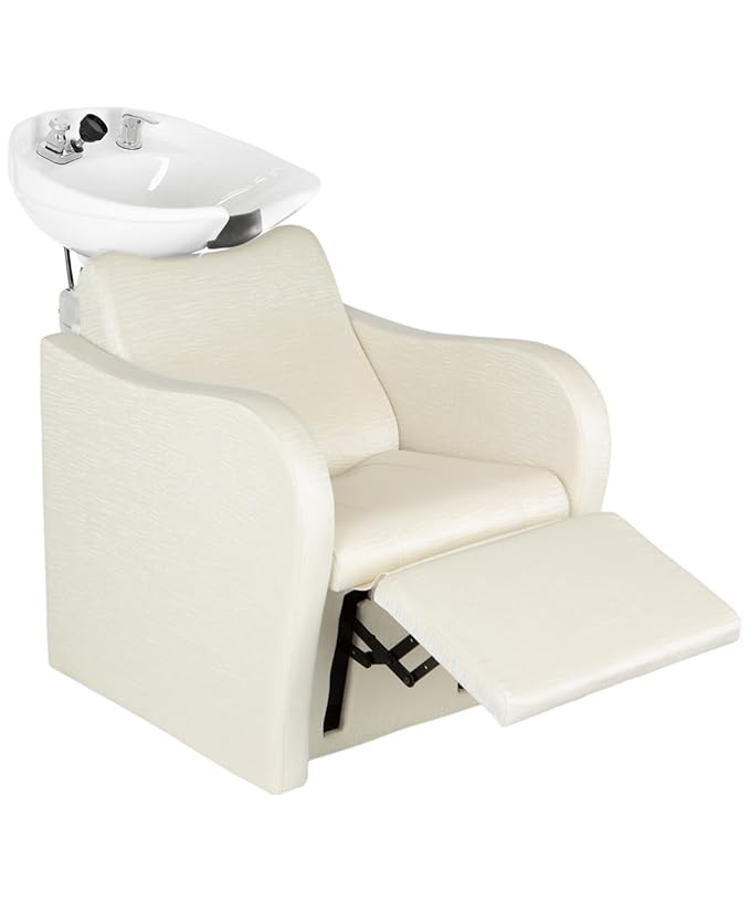 Buy-Rite Lexus Backwash Unit – Professional Salon Shampoo Chair with Extra Wide Seat, Kick-Out Leg Rest, Tilting Porcelain Shampoo Bowl, European Style Faucet & Neck Rest, TS-8018B (White Zebra)
