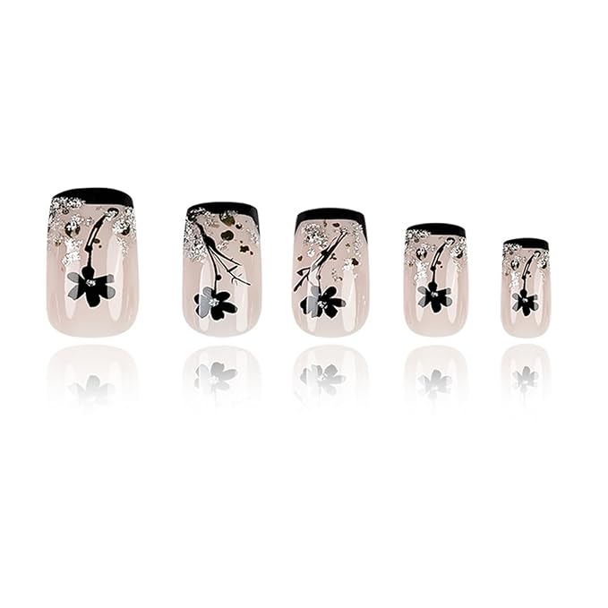 Black French Tips Press on Nails Medium Square Acrylic False Nails 24Pcs Spring Flowers Stick on Nails Glossy Silver Glitter Fake Nails Leaves Gel Glue on Nails for Coquette Women Girls