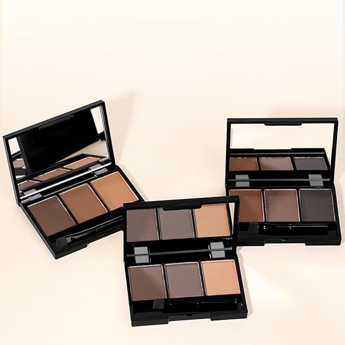 Brow Powder Kit with Mirror – Long-Lasting 3-Color Brow Filler for Full, Defined Natural Brows, Contour Palette with Double-Ended Brush, sombra para cejas (01)