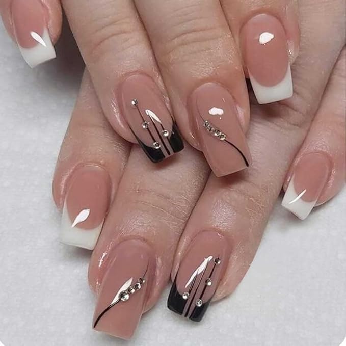 RikView French Tip Press on Nails Medium Acrylic Nails White Nails Black Stick on Nails with Rhinestones Coffin Fake Nails