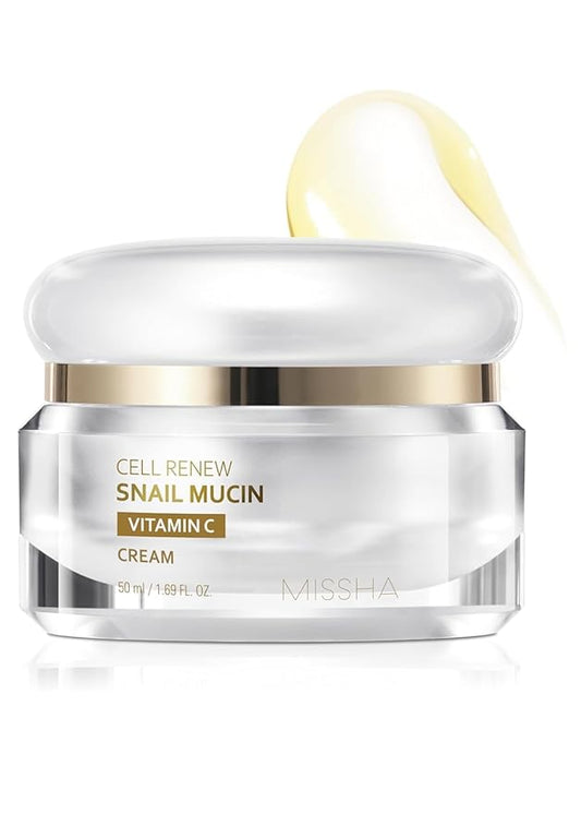 MISSHA Cell Renew Snail Mucin Vitamin C Cream 1.69 Fl oz, Hydrating Snail Mucin, Korean Skin Care for Improved Skin Texture & Youthful Glow, Korean Moisturizer, Kbeauty, Paraben Free