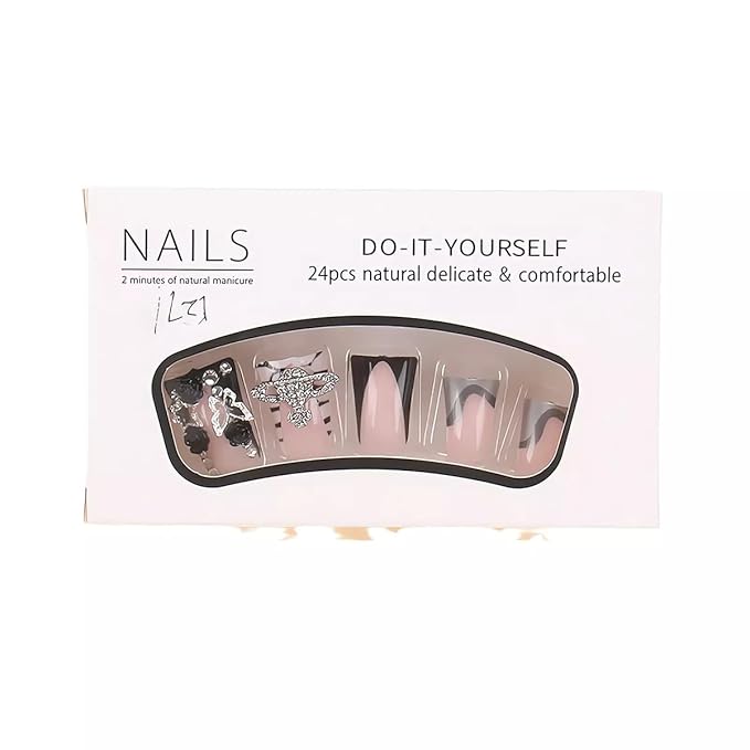 Acrylic Press on Nails Duck Shape Fake Nails Pink and Black Edge Design Glue on Nails with Crystal Crown Cross Embellishments French Tip Artificial Nails for Women Girls, 24 Pcs