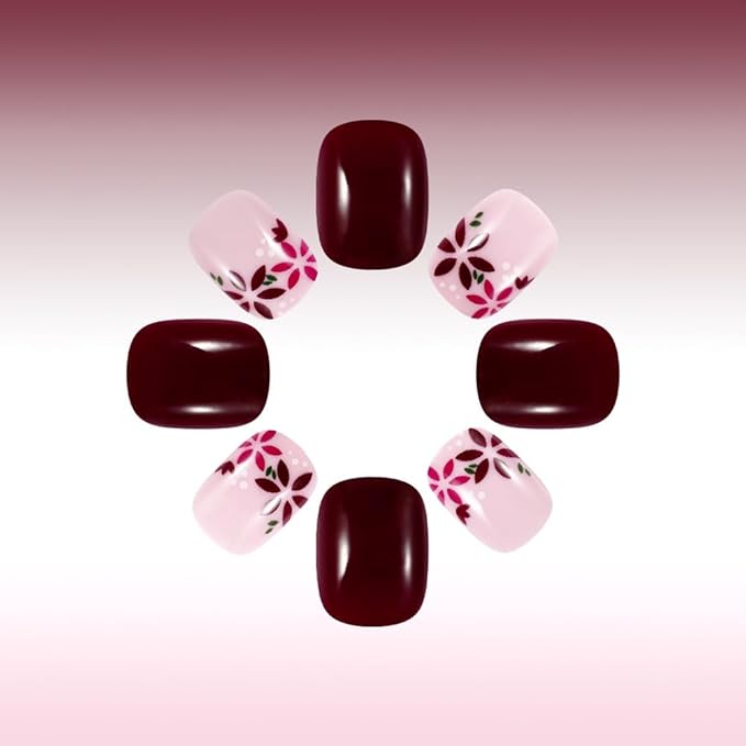 Short Press on Nails Spring Flower Fake Nails Square Shape Full Cover False Nails with Floral Designs Cute Glue on Nails Reusable Stick on Nails Summer Artificial Nails for Women Girls 24Pcs