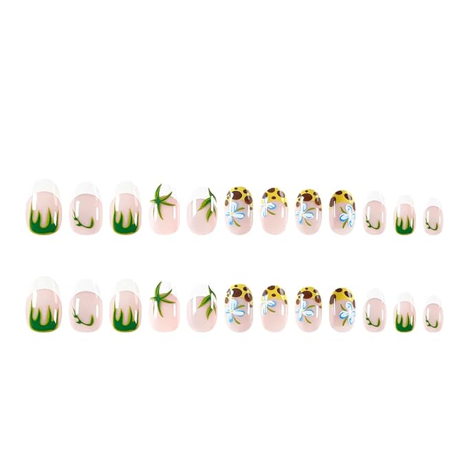 Leopard Print Press on Nails White French Tip Fake Nails Short Almond False Nails with Flower Design Nude Glue on Nails Glossy Acrylic Full Cover Green Grass Stick on Nails for Women Manicure