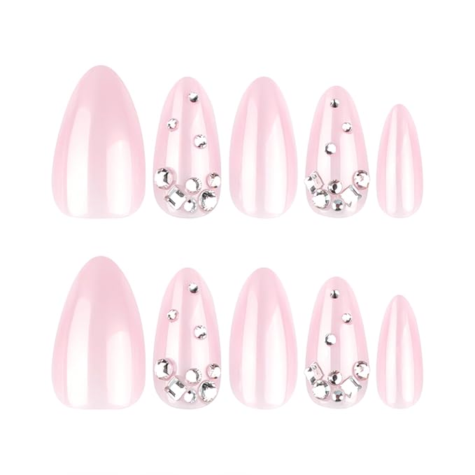 Nude Pink Rhinestone Press On Nails, Glossy Gradient Almond Fake Nails with Crystal Gems Design, Elegant Sparkly Stick On Nails for Women, 24PCS Reusable False Nail Set
