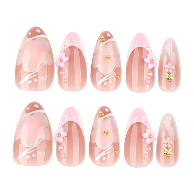 24Pcs 3D Flower Press on Nails Short Almond Fake Nails French Tip Glue on Nails with Gold Pearl Design Pink Artificial Nails Glossy Full Cover False Nails Cute Acrylic Stick on Nails for Women Girls
