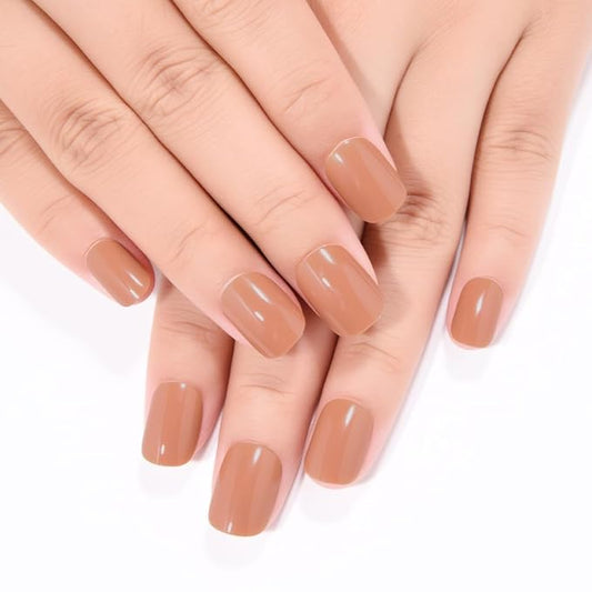 evpct Nude Brown Press on Nails Short Midium Oval for Women Gift, Glossy Brown Fake Nail with Soft Gel Salon Quality Reusable Stick on Nails Full Cover Artificial Nail Glue Soft Gel Set Kit 24Pcs, 02