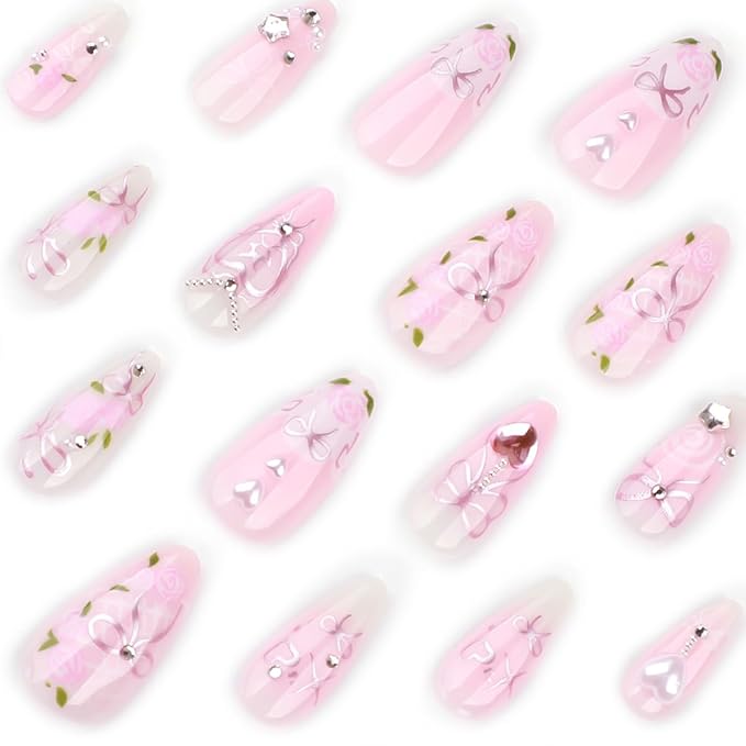 Pink Press on Nails Long Almond Fake Nails Rose Flower Bow with Pearl Design Star Rhinestone False Nails Gradient Stick on Nail Full Cover Acrylic Glue on Nail for Women DIY Salon Manicure Kit