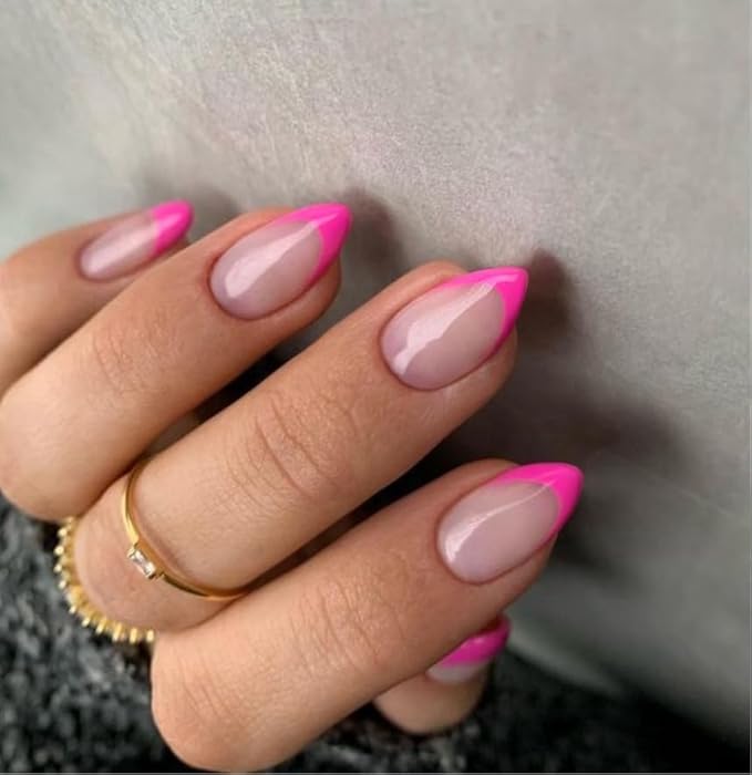 30Pcs Hot Pink French Tip Press on Nails Short Almond Press ons, Neon Short Fake Nails Almond Shaped Acrylic French False Glue on Nails for Women, Natural Stiletto Nail 15 Sizes