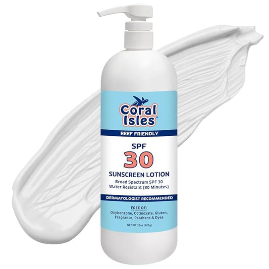 Coral Isles by Rocky Mountain Sunscreen | SPF 30 Lotion | Broad Spectrum UVA/UVB Protection | Hawaii Reef-Safe Act Compliant | Oxybenzone & Octinoxate Free | Water Resistant 80 Min. | 32 Fl Oz