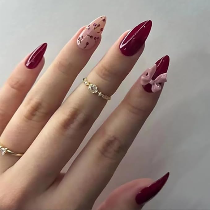 Short Almond Press on Nails Wine Red Full Cover False Nails with Bowknot Design Glossy with Cherry Design Acrylic Glue on Nails Removable Stick on Nails for Women Girls 30 Pcs