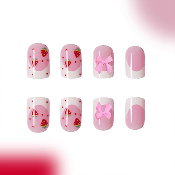 2 Packs 48Pcs French Tip Press on Nails Short Square Fake Nails Bow Charms Acrylic False Nails Cute Glue on Nails Reusable Artificial Nails Stick on Nails for Women Girls Manicure Nails Decoration