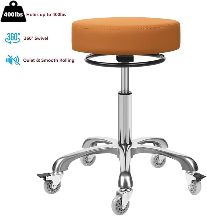 Salon Rolling Stools with Locking Wheels - Adjustable Swivel Stool Chair Heavy Duty 400 lbs Thick Cushion Hydraulic Shop Stool for Tattoo Facial Massage Kitchen Counter Salon Spa Medical Garage(Camel)