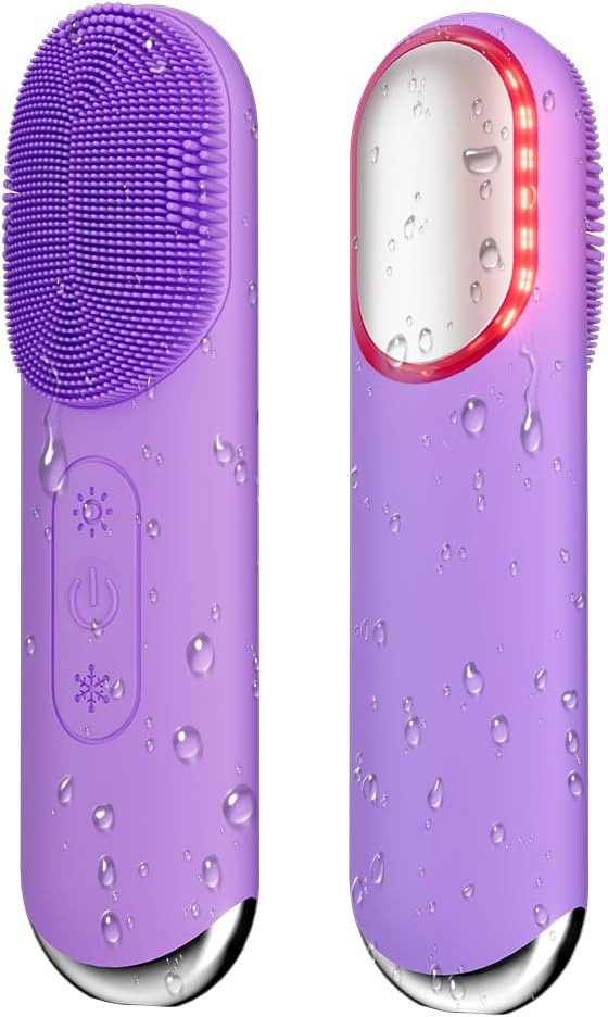 Facial Cleansing Brush, Silicone Face Scrubber, Electric Face Brushes for Cleansing with Vibration, Hot and Cold Modes, Face Scrub Brush for Women & Men Exfoliating and Massaging, Purple