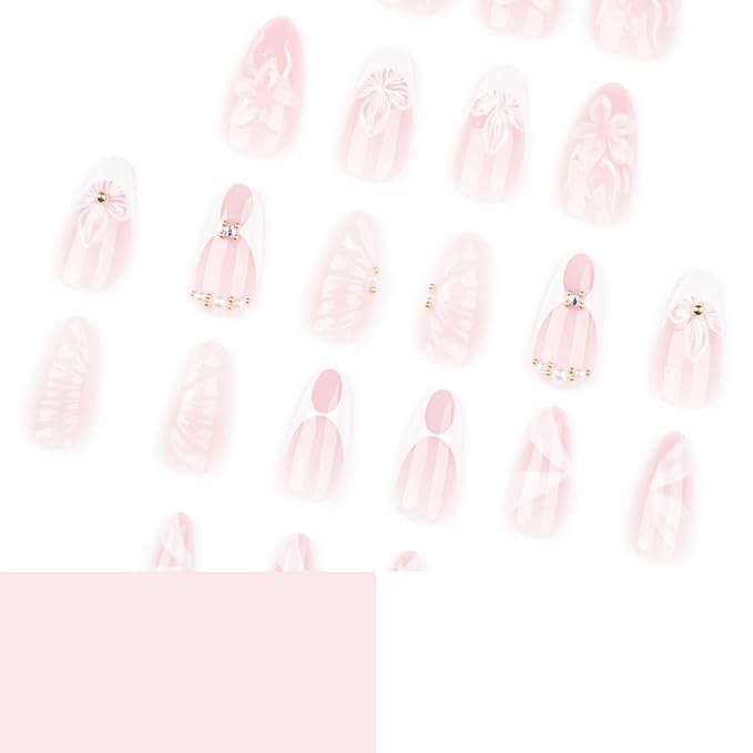 24pcs 3D Flower Press on Nails Medium Almond Fake Nails with Pearl Designs White French Tip False Nails Ribbon Stick on Nails Summer Floral Full Cover Acrylic Nails Glue on Nails for Women