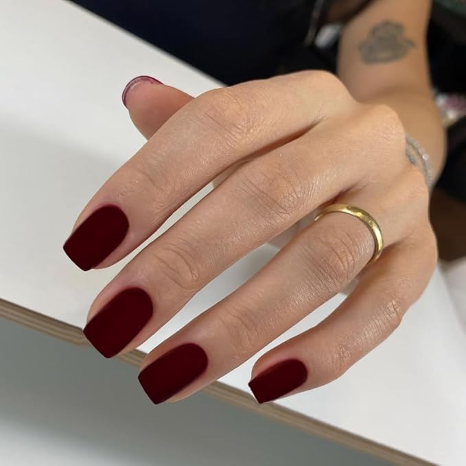 KQueenest Matte Dark Red Press On Nails Short Square Fake Nails for Women More Burgundy Glue on Nails Short Coffin Arcylic Nails Press ons for DIY Manicure in 24 Pcs