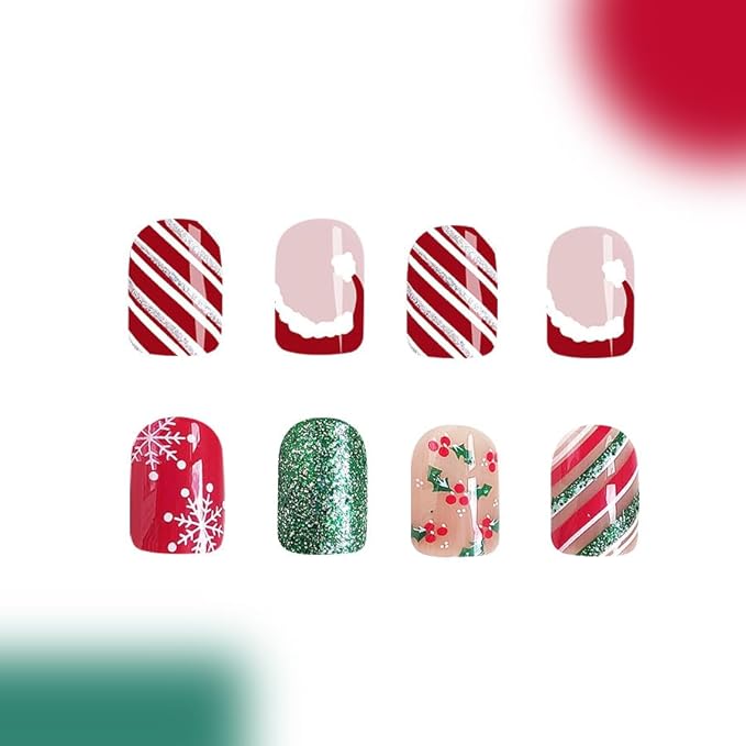 2 Packs 48Pcs Christmas Press on Nails Short Square Fake Christmas Hat Acrylic Candy Stripe Glitter Designs Glue on Kid Winter Xmas Stick on for Women Girls Decoration