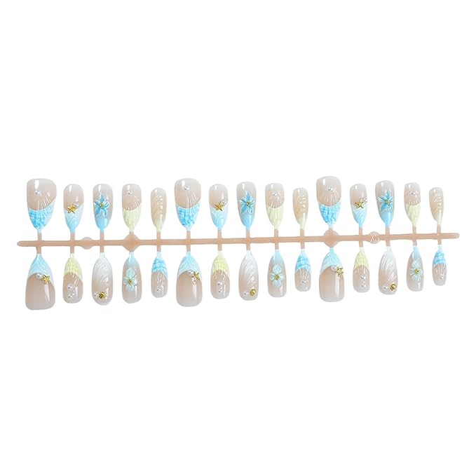 Summer Flower Press on Nails Medium Fake Nails with 3D Flower Ocean Starfish Shell Pearl Almond False Nail Blue French Glossy Acrylic Nails Cute Artificial Nail for Women Manicure 30Pcs