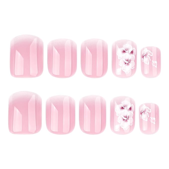 French Press On Nails Short Square White Nude Gradient False Nails Delicately Adorned with White Silver Flowers Reusable Glue On Nails for Women Kit 24Pcs