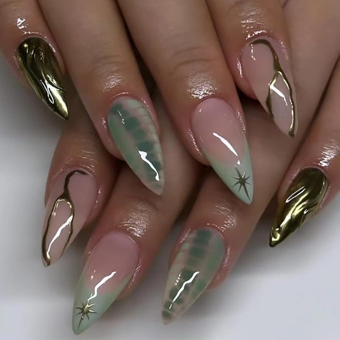 Almond Press on Nails Medium Length Fake Nails Green French Tip False Nails Gel Glue on Nails 3D Gold Curve Line Acrylic Nails Star Stick on Nails for Coquette Women Girls Manicure 24Pcs