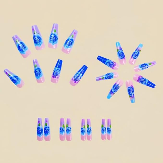 Long Press on Nails Coffin Shape Blue Acrylic Nails with Flower Design Fake Nails Hot Girl Glue on Nails for Prom and Party Gift for Women 24pcs