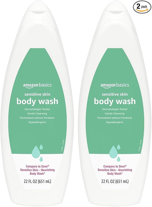 Amazon Basics Body Wash for Sensitive Skin, Hypoallergenic, Unscented, 22 fl oz (Pack of 2)