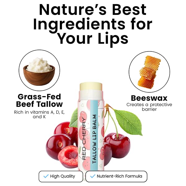 Tallow Lip Balm by Cattle Creek – Organic, All-Natural Ingredients, Long-Lasting Moisture and Hydration for Dry, Cracked, and Chapped Lips, Soothing Formula for Soft Skin (Pack of 3, Red Cherry)