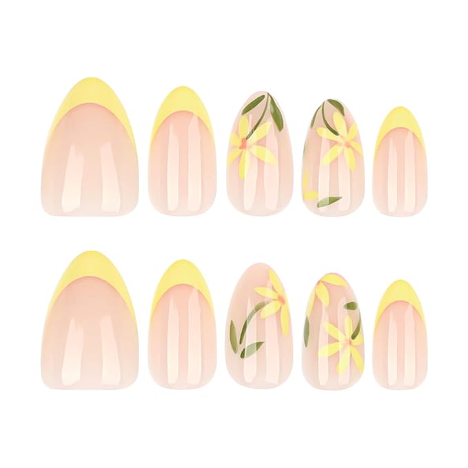 Nude Fake Nails with Yellow French Tip and Hand-Painted Floral Design, Glossy Gel Finish Acrylic Nails Kit for Women, 24 Pcs