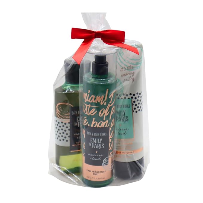 Bath & Body Works Emily in Paris MACARON CLOUD 3pc Bundle Gift Set with a Red Bow for Holidays - Mist, Body Cream, Shower Gel - Full Size