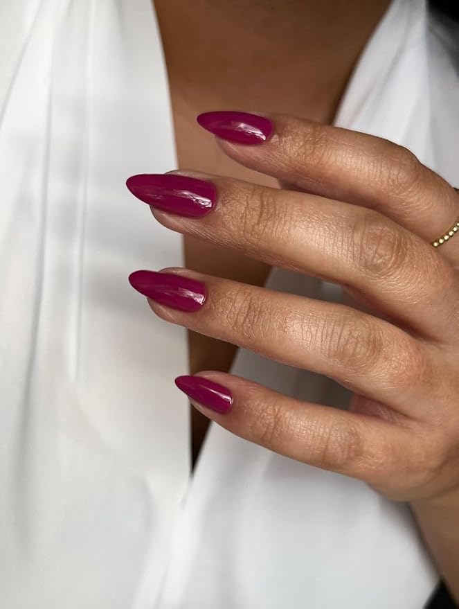 Wooyas Press on Nails Almond，Reusable Handmade Gel Fake Nails Medium Glossy ，Lightweight Natural Soft Gel Stick On Nails in 12 Sizes - 24 Pcs Soft Gel Glue On Nails Kit，Berry Color