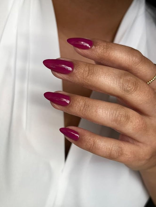 Wooyas Press on Nails Almond，Reusable Handmade Gel Fake Nails Medium Glossy ，Lightweight Natural Soft Gel Stick On Nails in 12 Sizes - 24 Pcs Soft Gel Glue On Nails Kit，Berry Color