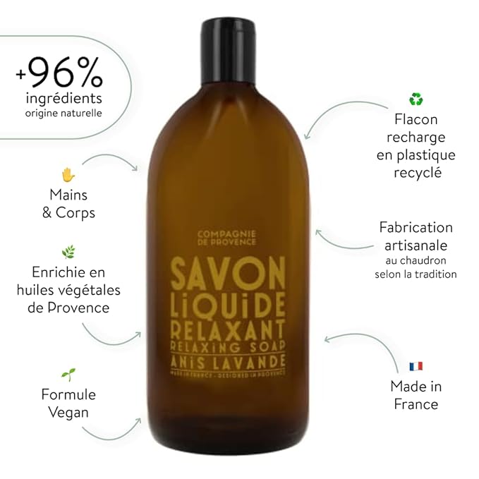 Compagnie de Provence Savon de Marseille Apothicare Liquid Soap, Anise Lavender, 33.8 fl oz Plastic Bottle Refill
