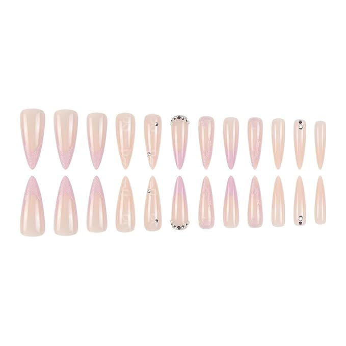 Long Press on Nails Stiletto Fake Nails French Tip False Nails with Flower Design Rhinestone Glitter Glossy Acrylic Artificial Nails for Women 24 Pcs