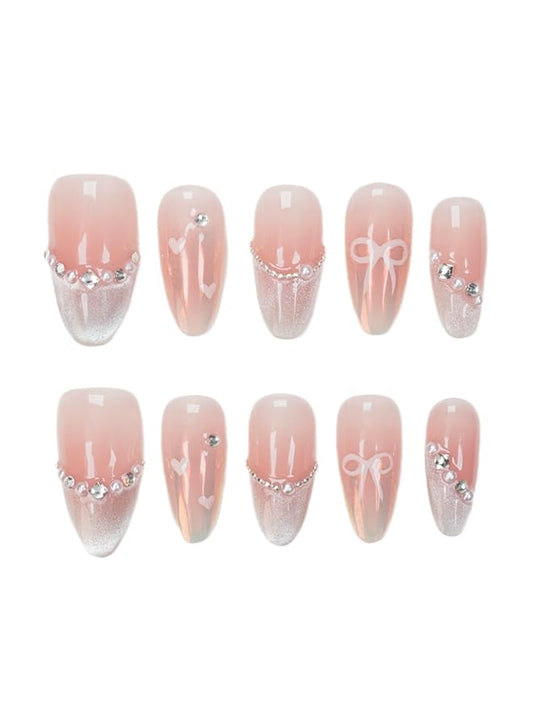 Pink Cat Eye Press On Nails Medium Almond, Handmade Pearl & Rhinestone Glitter French Tip, Gel Acrylic 10pcs Hand-Painted Bow & Heart Design(Elegant Dancer, Size M)