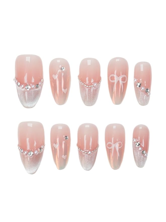 Pink Cat Eye Press On Nails Medium Almond, Handmade Pearl & Rhinestone Glitter French Tip, Gel Acrylic 10pcs Hand-Painted Bow & Heart Design(Elegant Dancer, Size S)
