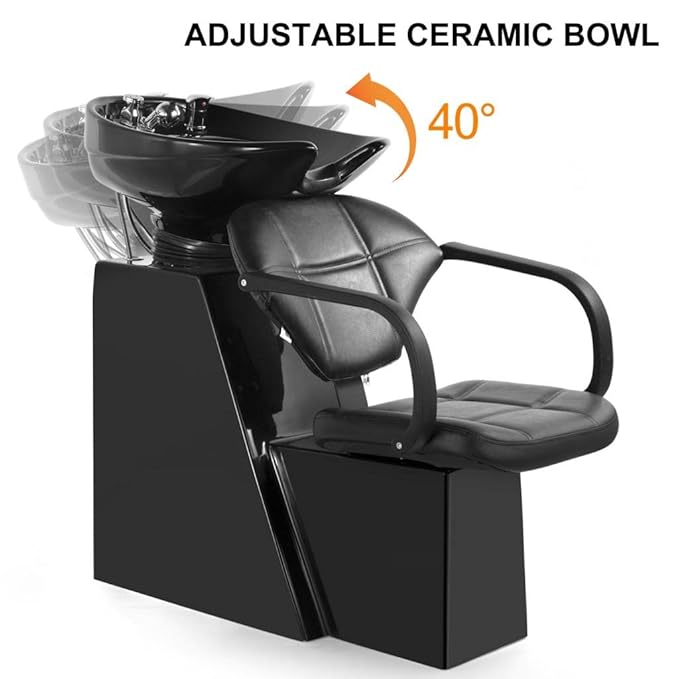 Artist hand Shampoo Bowl Backwash Barber Chair Adjustable Ceramic Bowl Sink W/Rubber Headrest for Salon Beauty Spa Equipment (Black)
