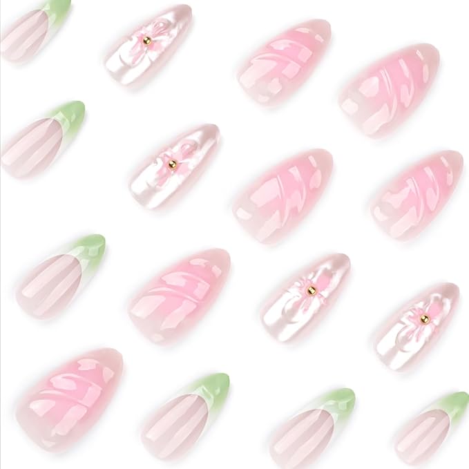 Press On Nails Medium Almond Shape – 24PCS Reusable Fake Nails with 3D Flowers, Pearls, Pink and Green French Tips, Glossy Stick On Nails for Women and Girls, Easy to Apply, Long Lasting