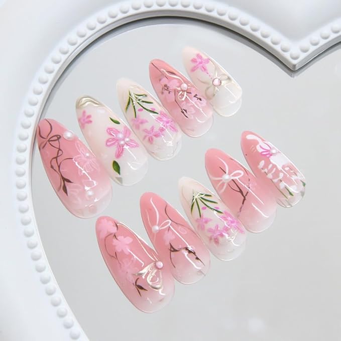 24Pcs Pink Flower Press on Nails Medium Almond Fake Nails Gilding Peach Blossom with Gems Design 3D Pearl Bow Cute Cat Stick on Nails Handmade Full Cover Artificial Glue on Nails for Women