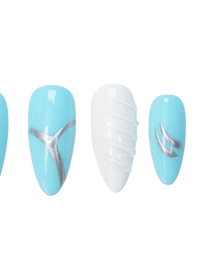 Blue White 3D Press On Nails Medium Almond, 3D Shell Mermaid Raindrop Handmade Gel Acrylic Nails 10pcs with Hand Drawn Silver Lines (Mermaid Tears, Size M)