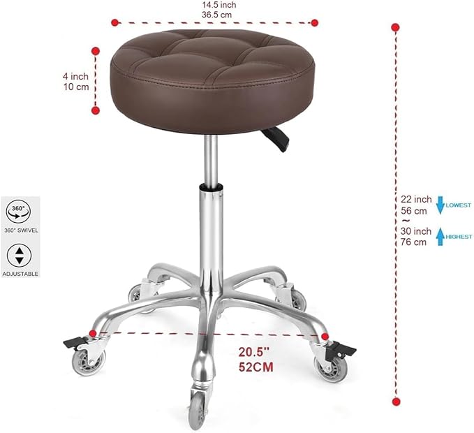 Adjustable Heavy Duty Stool - Rolling Stools with Locking Caster Wheels - Swivel Stools Backless Chair for Home Kitchen Office Shop Tattoo Lash Tech Pedicure (Brown, Height 22 to 30 in)