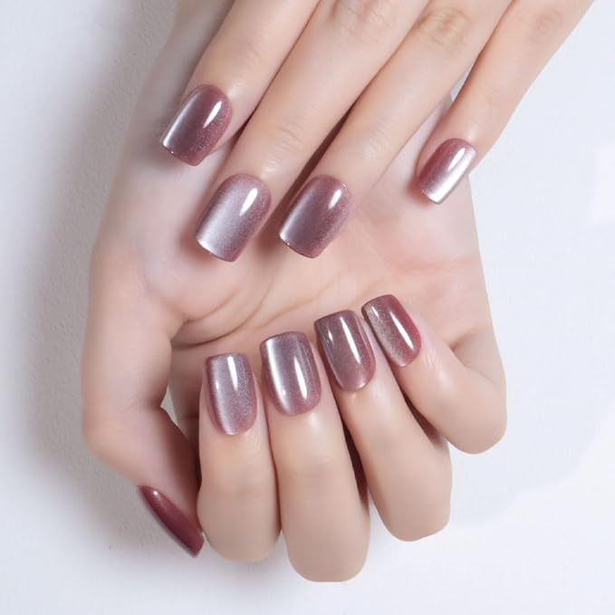 evpct Pale Mauve Cat Eye Short Press on Nails Square, Glue on Nails Short Square for Women Gift, Mauve Metallic Glitter Glossy nails press ons, Reusable Stick Press on Acrylic Fake Nail with Designs