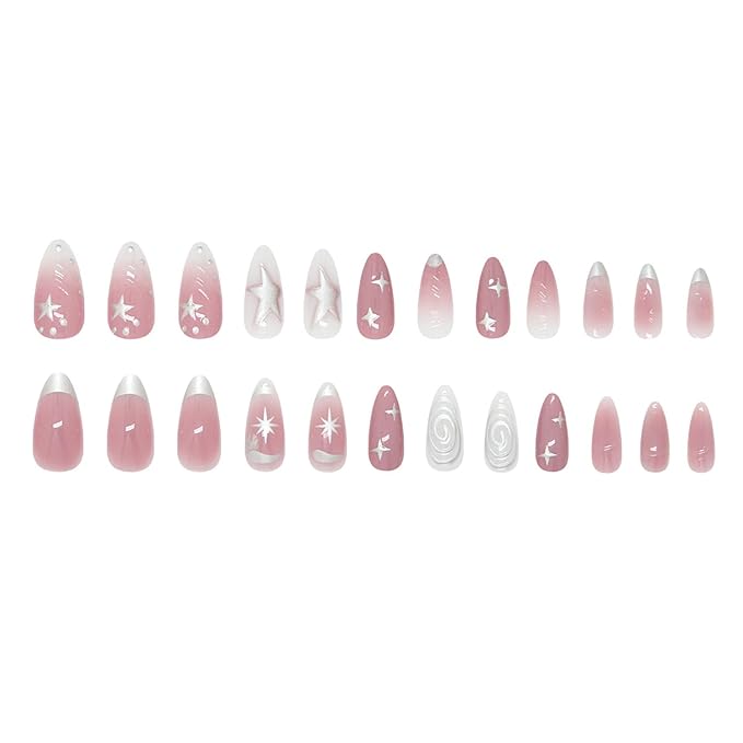 24Pcs Pink Press on Nails Medium Almond Fake Nails with Irregular Silver Star Designs Stick on Nails French Tip Nails Reusable Acrylic Nails Full Cover Artificial Glue on Nails for Women Nail Supplies