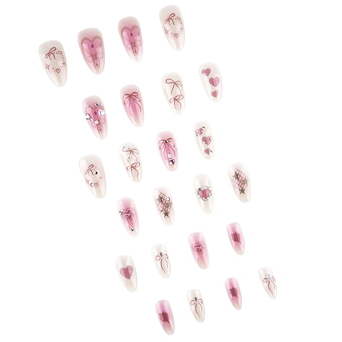 24Pcs Press on Nails Medium with Handmade Pearl Heart Star Design Pink Smudged Almond Nail Shape Acrylic Nails False Nails French Manicure Nail Tips Rhinestones Love Stick on Nails for Women