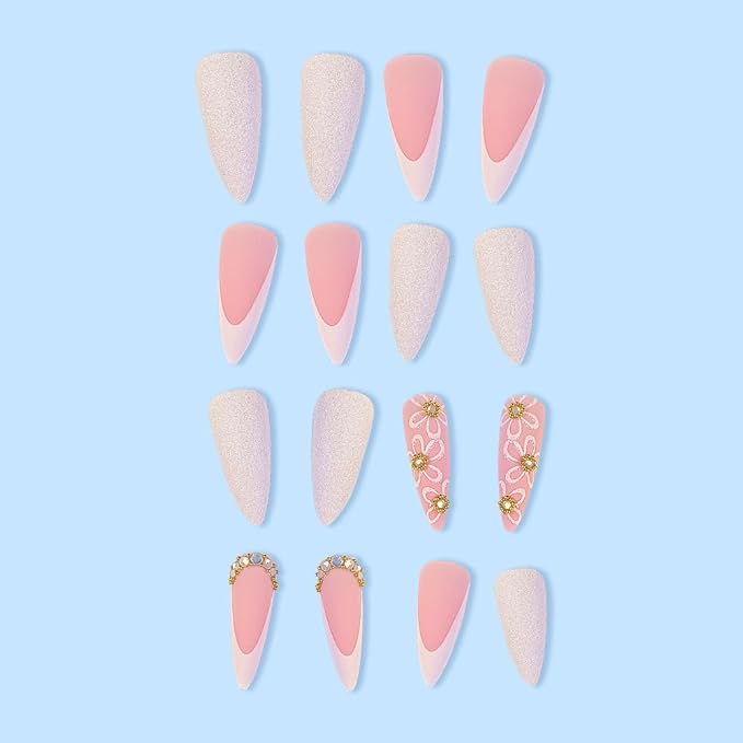 Flower Press on Nails White French Tip Fake Nails Long Stiletto False Nails with Rhinestone Design Nude Glue on Nails Glossy Artificial Acrylic Full Cover Glitter Stick on Nails for Women Manicure