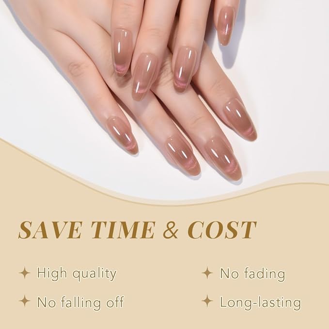 evpct Nude Brown Cat Eye Press on Nails Almond Medium, Medium Almond Glue on Nails for Women Gift, Iridescent Pink Smile Curve Metallic Glitter Reusable Gel Press on Acrylic Fake Nail with Designs