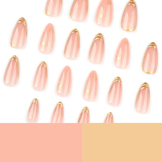 24Pcs Gold French Tip Press on Nails Medium Almond Fake Nails 3D Gold Tips with Star Full Cover Glue on Nails Nude Pink False Nails French Stick on Nails for Women Girls Acrylic Nail Decorations Tips