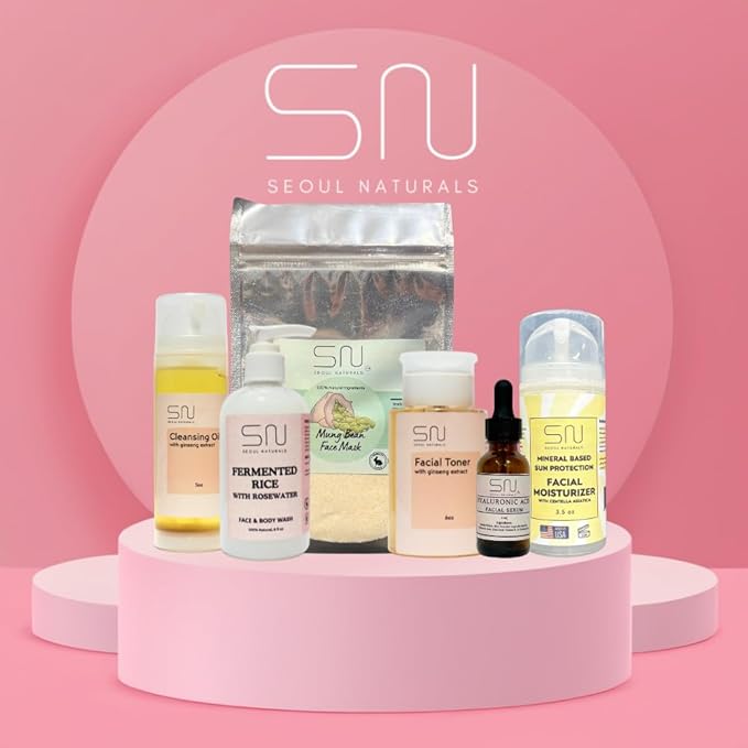 Seoul Naturals Skincare Set, Ginseng Oil Cleanser, Fermented Rice Face Wash, Ginseng Toner, Face Mask, Hyaluronic Serum, Sun Protection Cream, k beauty, 6 Pieces