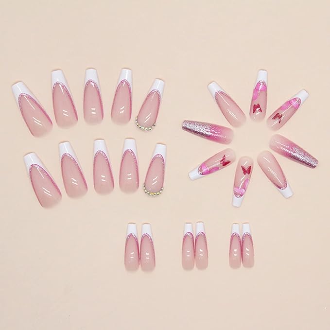 24 Pcs Medium Long Press on Nails French Tips Fake Nails with Rhinestones Pink Glitter Acrylic Nails French Butterfly Design Glue on Nails Full Cover False Nails for Women Artificial Nail Art Supplies