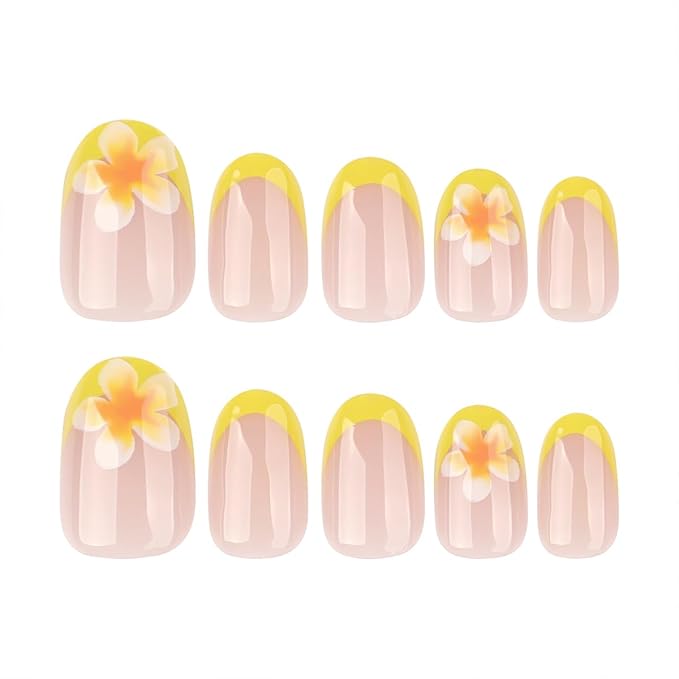 24Pcs Yellow Flower Press on Nails Oval Summer Fake Nails French Tips Glue on Nails Cute Summer Frangipani Designs Glossy Nude False Nails Floral Stick on Nails for Women DIY Manicure