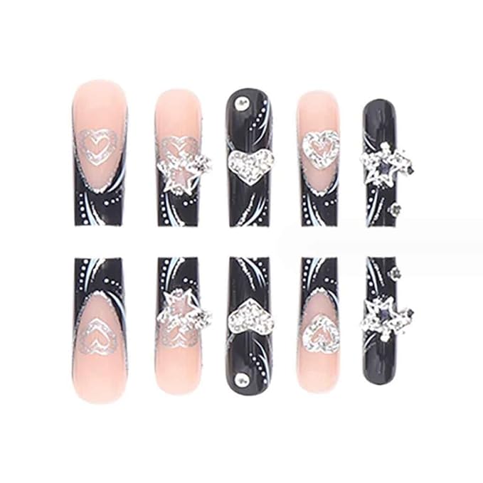 Press on Nails Long Rhinestone Fake Nails Black Square Bling Glossy Artificial Nails Finger Manicure for Women and Girls-24pcs (Long Nails 2)
